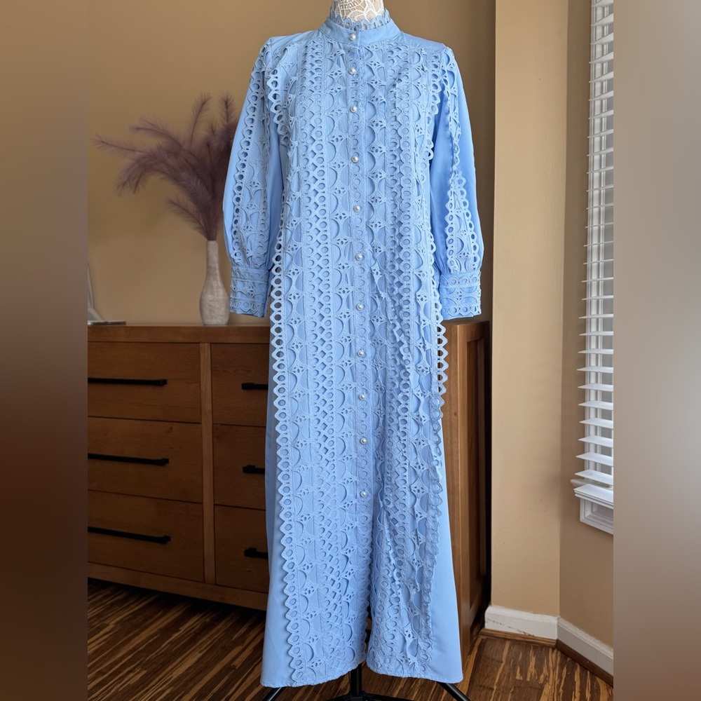 Elegant Blue Embroidered Brocade Dress